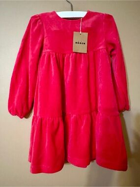 Boden Girls' Vibrant Pink Velour Long-Sleeve Tiered Dress
